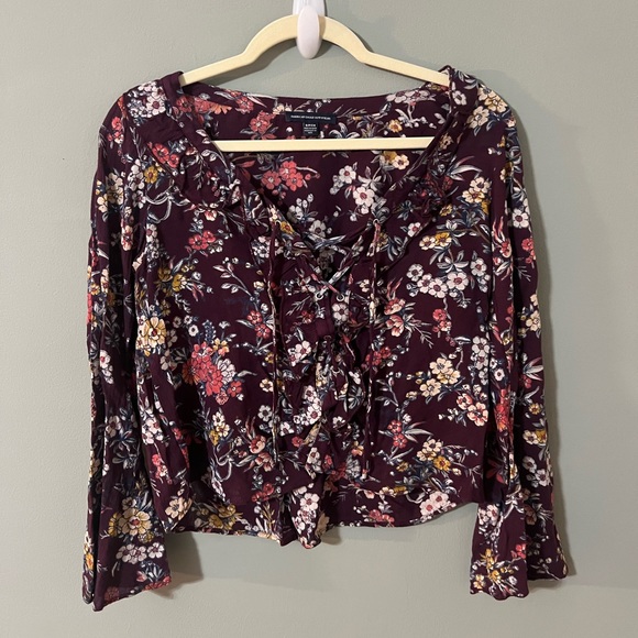 AE Floral Purple Boho Chic Long Sleeve Peasant Blouse, Tie-Up V-Neck, Small - Picture 2 of 9